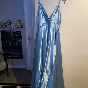 blue satin prom dress